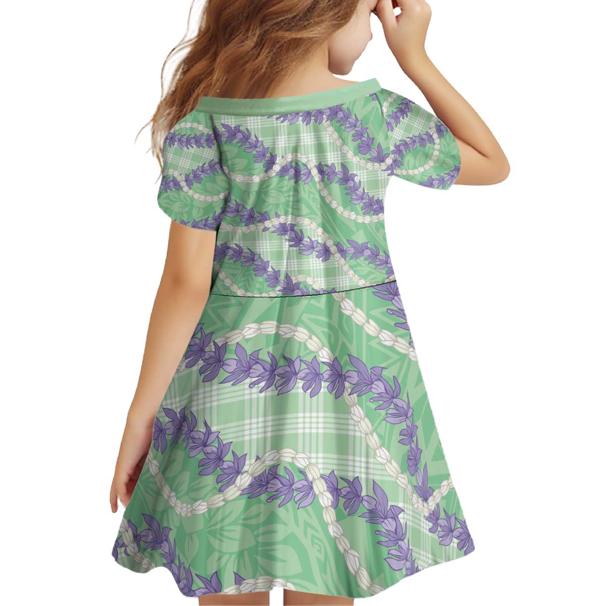 Pastel Green Hawaii Palaka Honohono Pikake Kid Short Sleeve Dress Hawaiian Orchid Lei Polynesian Pattern - Polynesian Pride