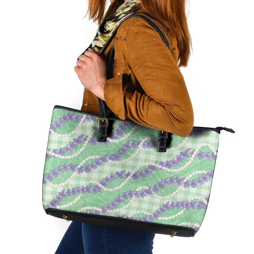 Pastel Green Hawaii Palaka Honohono Pikake Leather Tote Bag Hawaiian Orchid Lei Polynesian Pattern LT14 Pastel Green - Polynesian Pride