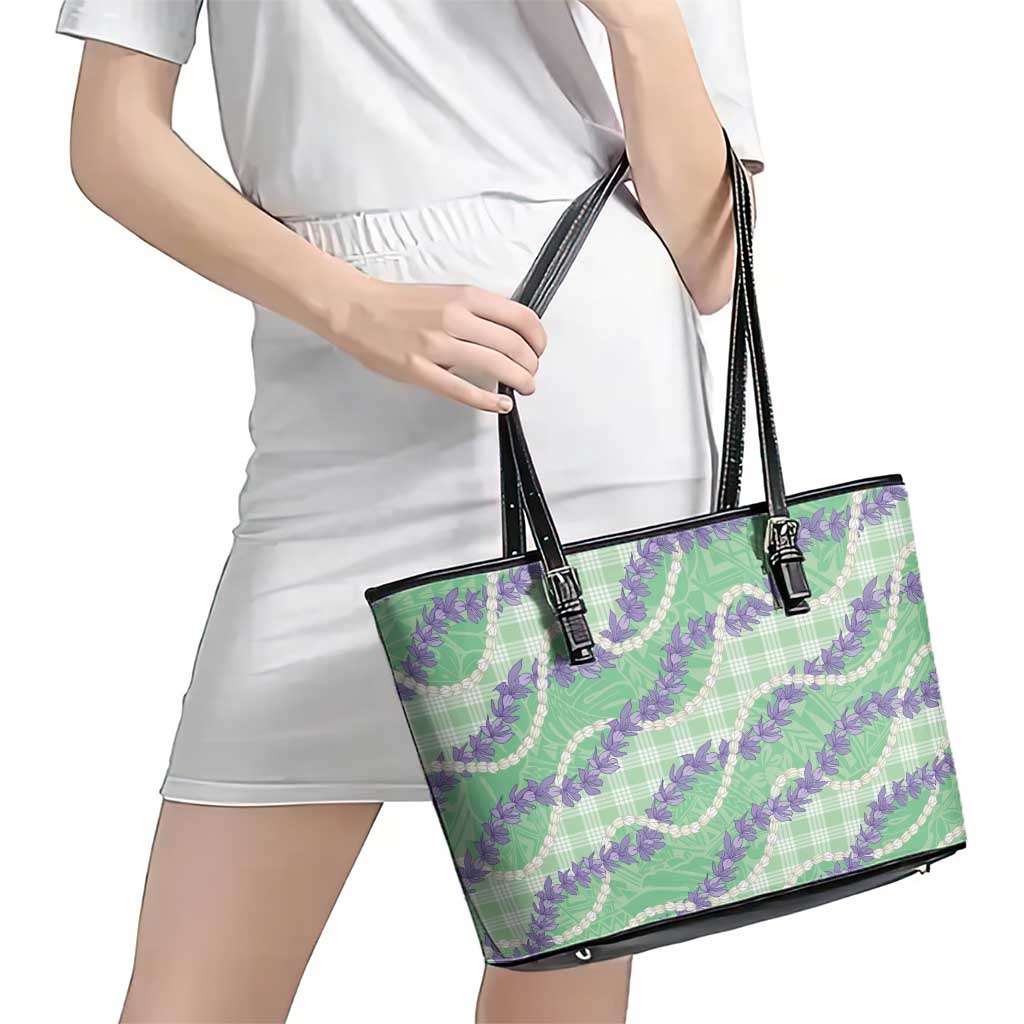 Pastel Green Hawaii Palaka Honohono Pikake Leather Tote Bag Hawaiian Orchid Lei Polynesian Pattern LT14 - Polynesian Pride