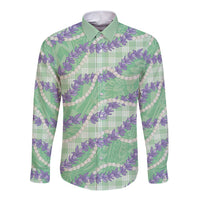 Pastel Green Hawaii Palaka Honohono Pikake Long Sleeve Button Shirt Hawaiian Orchid Lei Polynesian Pattern - Polynesian Pride