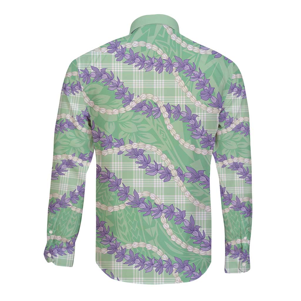 Pastel Green Hawaii Palaka Honohono Pikake Long Sleeve Button Shirt Hawaiian Orchid Lei Polynesian Pattern - Polynesian Pride