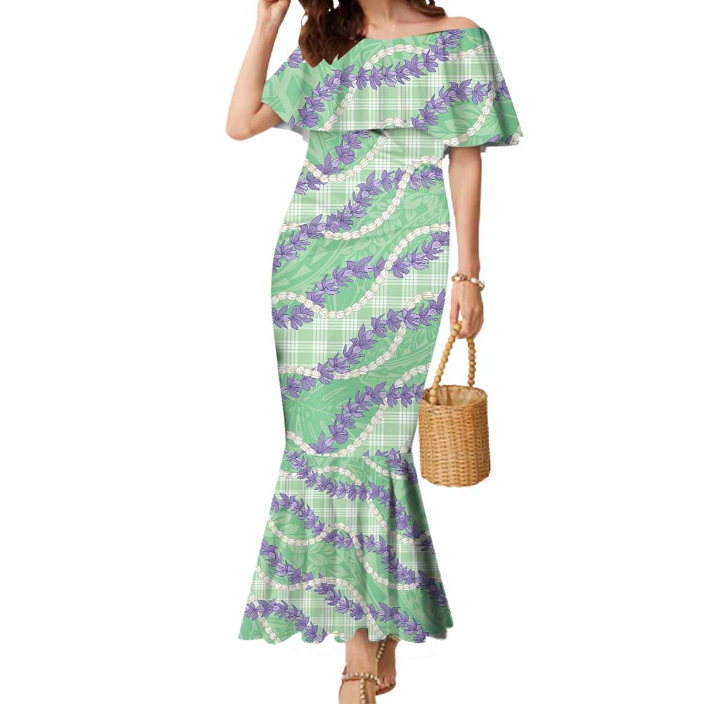Pastel Green Hawaii Palaka Honohono Pikake Mermaid Dress Hawaiian Orchid Lei Polynesian Pattern - Polynesian Pride