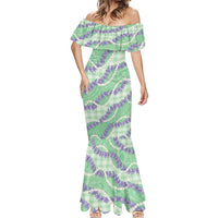 Pastel Green Hawaii Palaka Honohono Pikake Mermaid Dress Hawaiian Orchid Lei Polynesian Pattern - Polynesian Pride