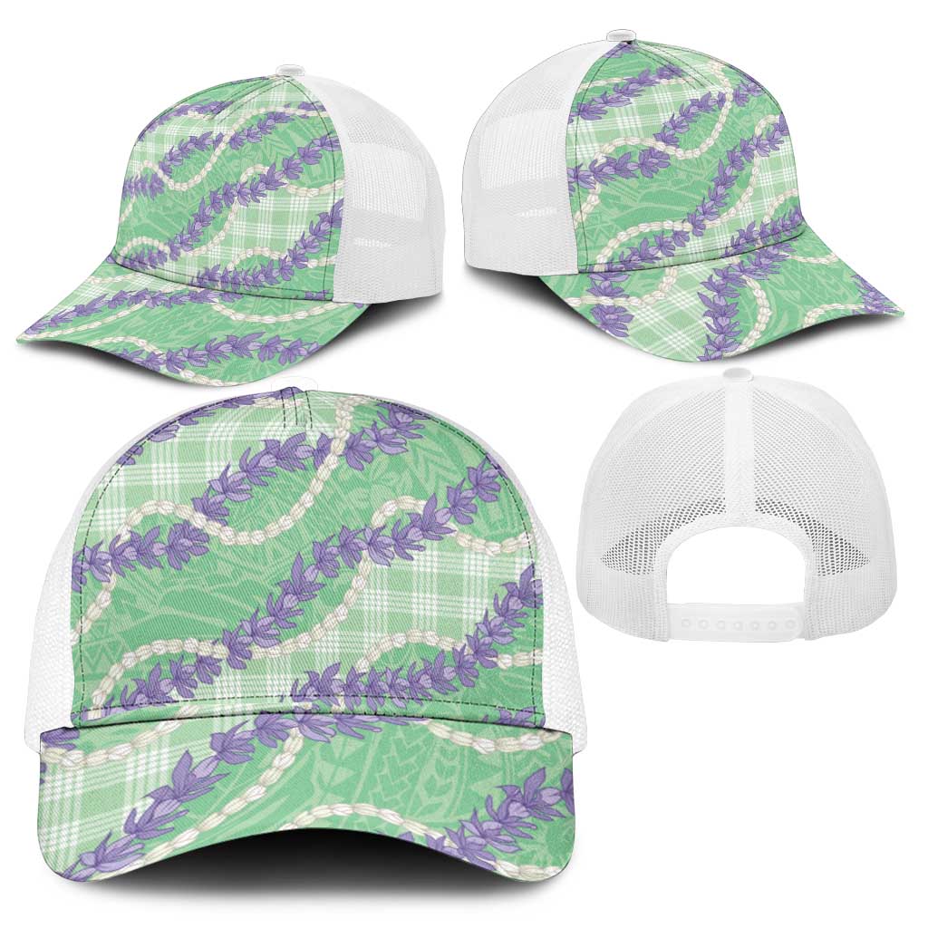 Pastel Green Hawaii Palaka Honohono Pikake Mesh Trucker Cap Hawaiian Orchid Lei Polynesian Pattern - Polynesian Pride