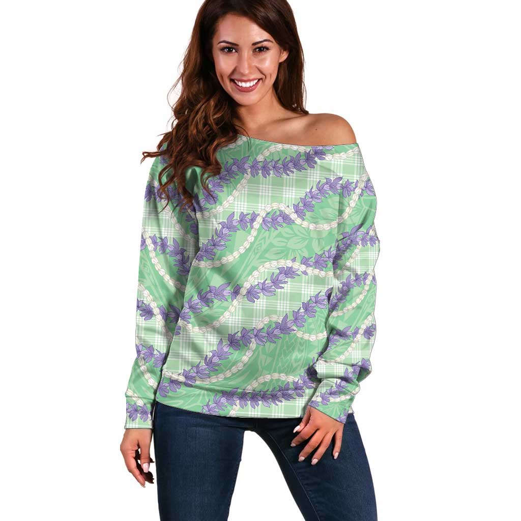 Pastel Green Hawaii Palaka Honohono Pikake Off Shoulder Sweater Hawaiian Orchid Lei Polynesian Pattern - Polynesian Pride
