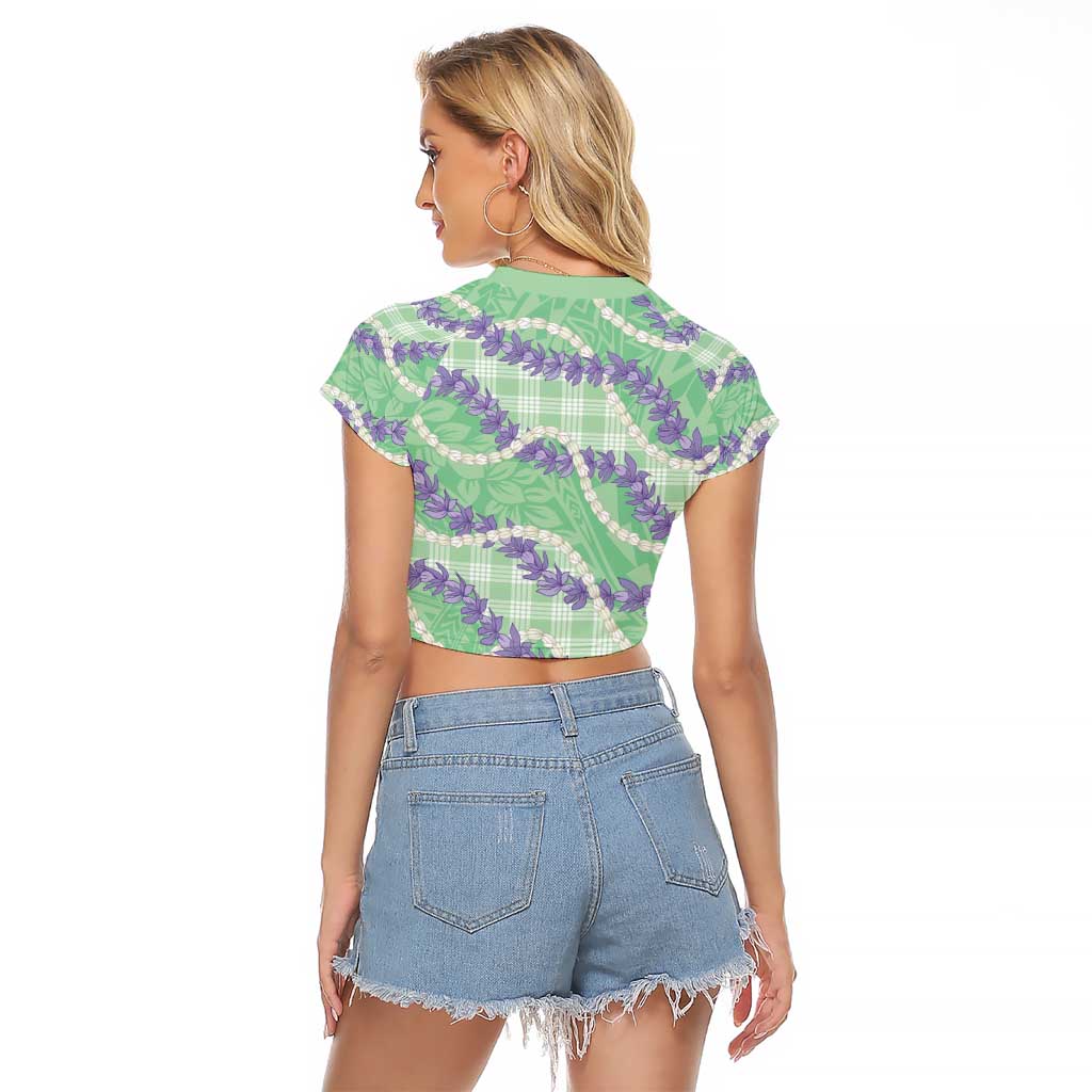 Pastel Green Hawaii Palaka Honohono Pikake Raglan Cropped T Shirt Hawaiian Orchid Lei Polynesian Pattern - Polynesian Pride