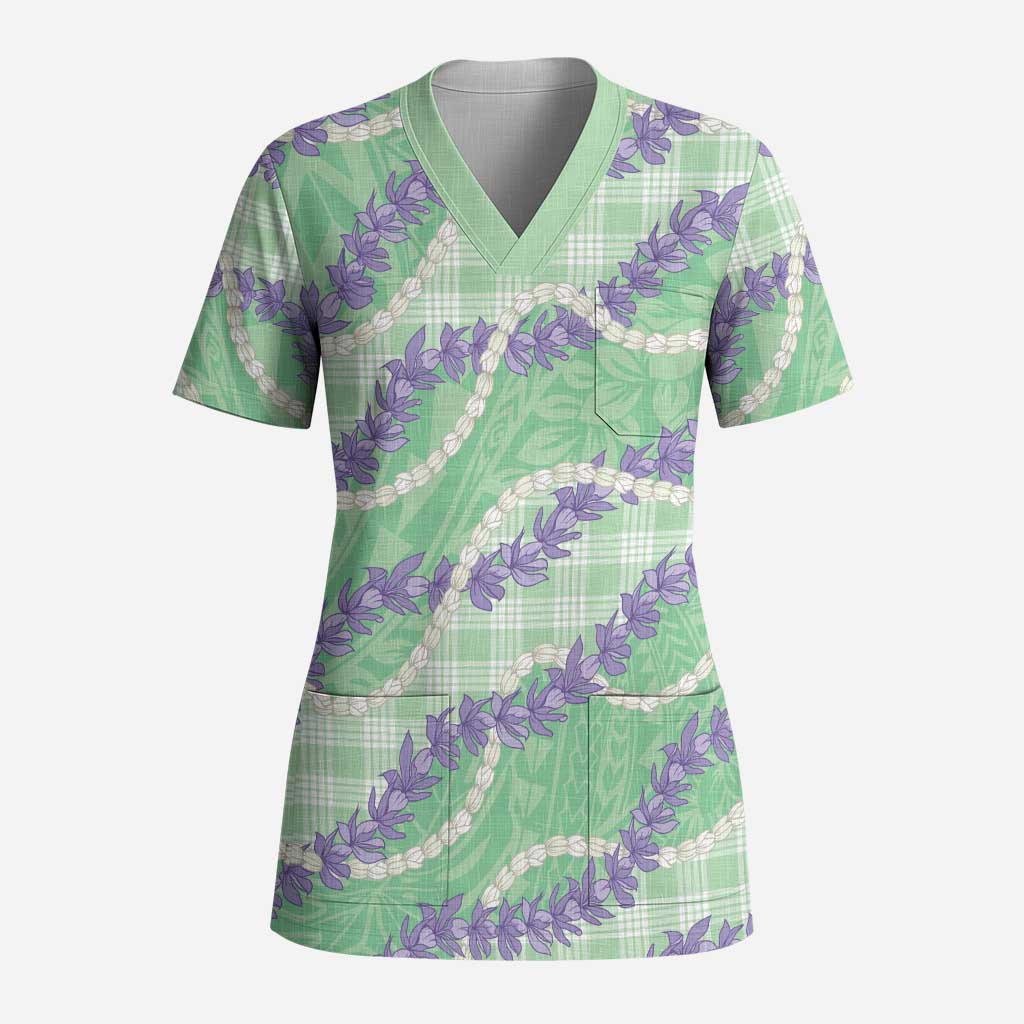 Pastel Green Hawaii Palaka Honohono Pikake Scrub Top Hawaiian Orchid Lei Polynesian Pattern - Polynesian Pride