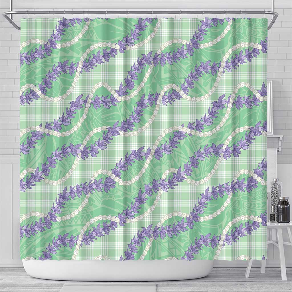 Pastel Green Hawaii Palaka Honohono Pikake Shower Curtain Hawaiian Orchid Lei Polynesian Pattern - Polynesian Pride