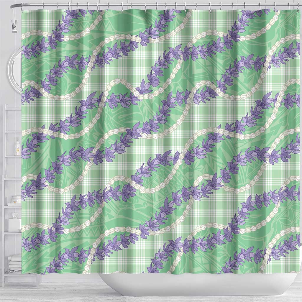 Pastel Green Hawaii Palaka Honohono Pikake Shower Curtain Hawaiian Orchid Lei Polynesian Pattern - Polynesian Pride