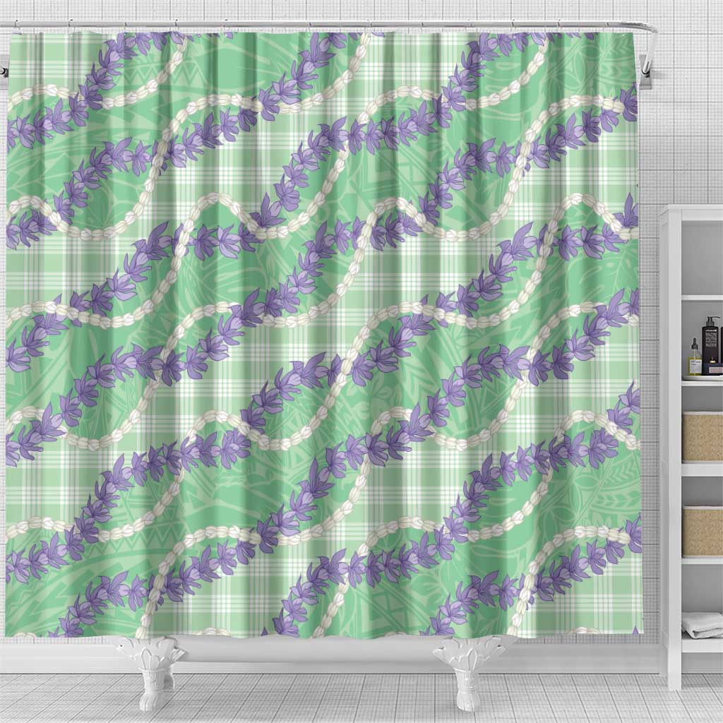 Pastel Green Hawaii Palaka Honohono Pikake Shower Curtain Hawaiian Orchid Lei Polynesian Pattern - Polynesian Pride