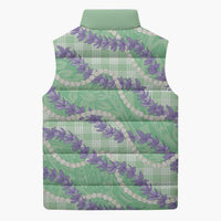 Pastel Green Hawaii Palaka Honohono Pikake Sleeveless Puffer Jacket Hawaiian Orchid Lei Polynesian Pattern - Polynesian Pride