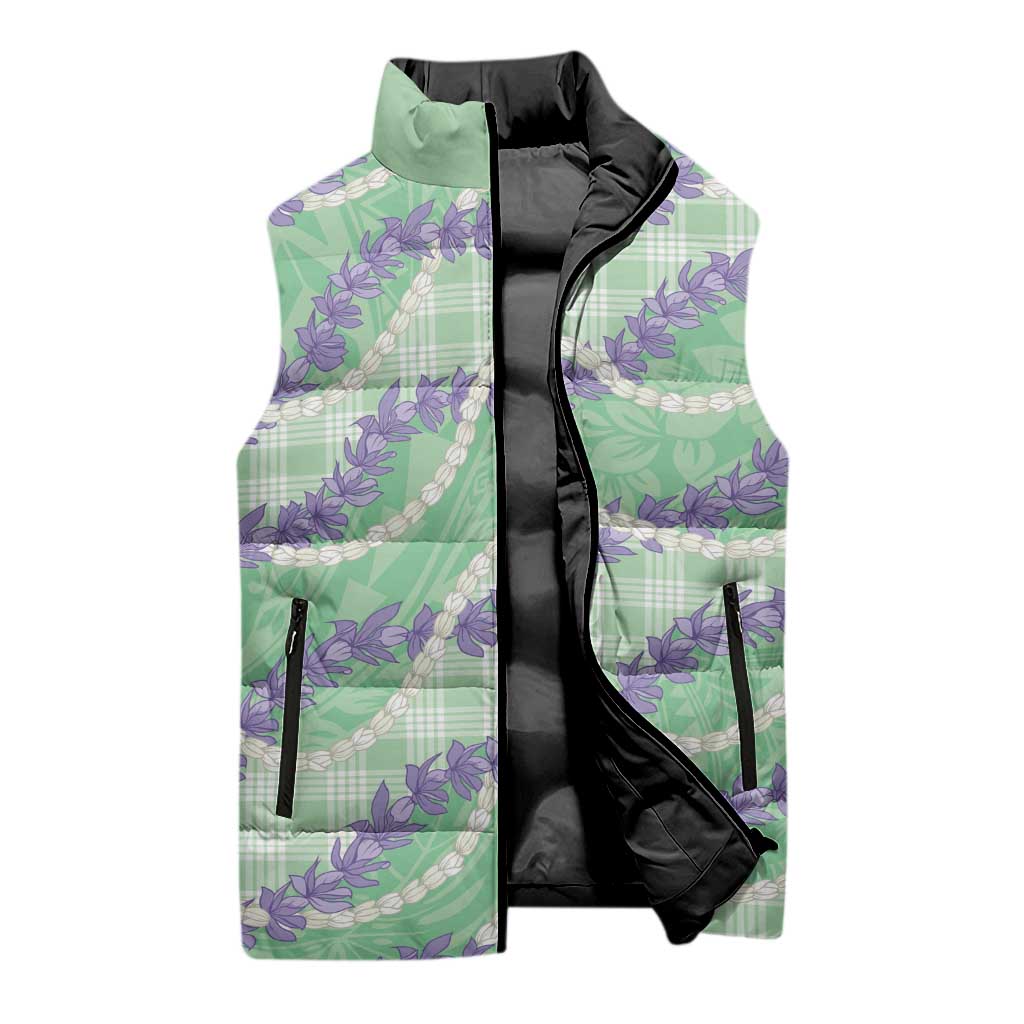 Pastel Green Hawaii Palaka Honohono Pikake Sleeveless Puffer Jacket Hawaiian Orchid Lei Polynesian Pattern - Polynesian Pride