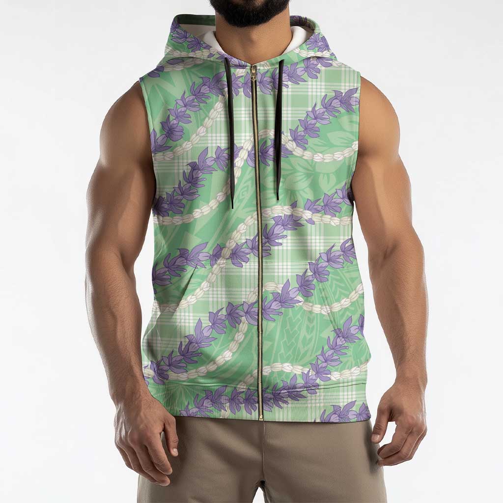 Pastel Green Hawaii Palaka Honohono Pikake Sleeveless Zip Hoodie Hawaiian Orchid Lei Polynesian Pattern - Polynesian Pride