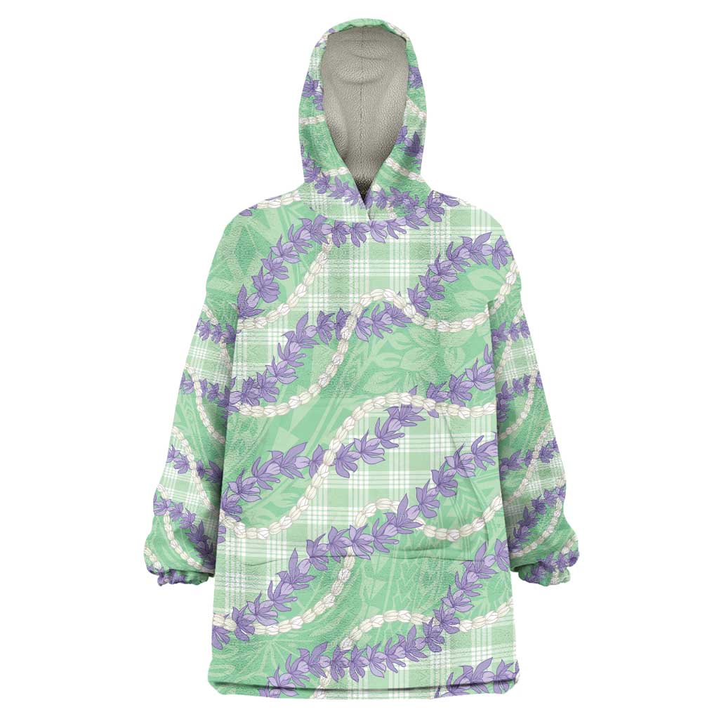Pastel Green Hawaii Palaka Honohono Pikake Wearable Blanket Hoodie Hawaiian Orchid Lei Polynesian Pattern - Polynesian Pride