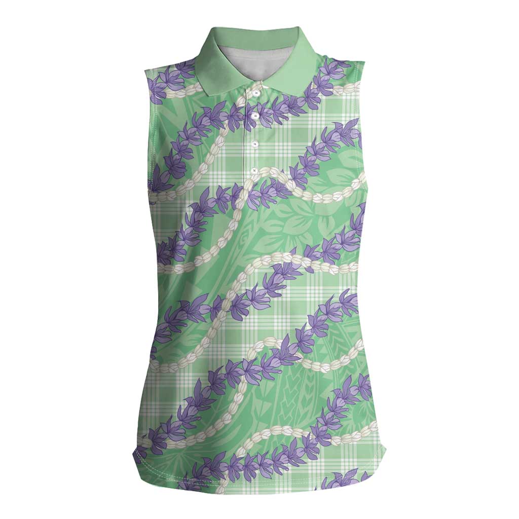 Pastel Green Hawaii Palaka Honohono Pikake Women Sleeveless Polo Shirt Hawaiian Orchid Lei Polynesian Pattern LT14 Female Pastel Green - Polynesian Pride