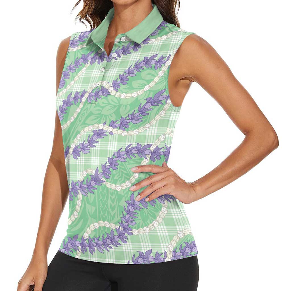 Pastel Green Hawaii Palaka Honohono Pikake Women Sleeveless Polo Shirt Hawaiian Orchid Lei Polynesian Pattern - Polynesian Pride