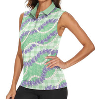 Pastel Green Hawaii Palaka Honohono Pikake Women Sleeveless Polo Shirt Hawaiian Orchid Lei Polynesian Pattern - Polynesian Pride