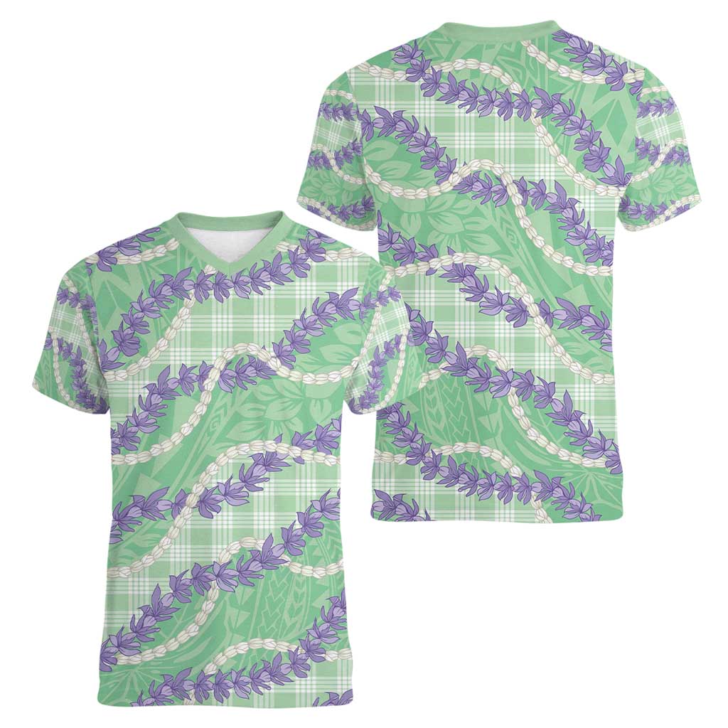 Pastel Green Hawaii Palaka Honohono Pikake Women V-Neck T-Shirt Hawaiian Orchid Lei Polynesian Pattern - Polynesian Pride