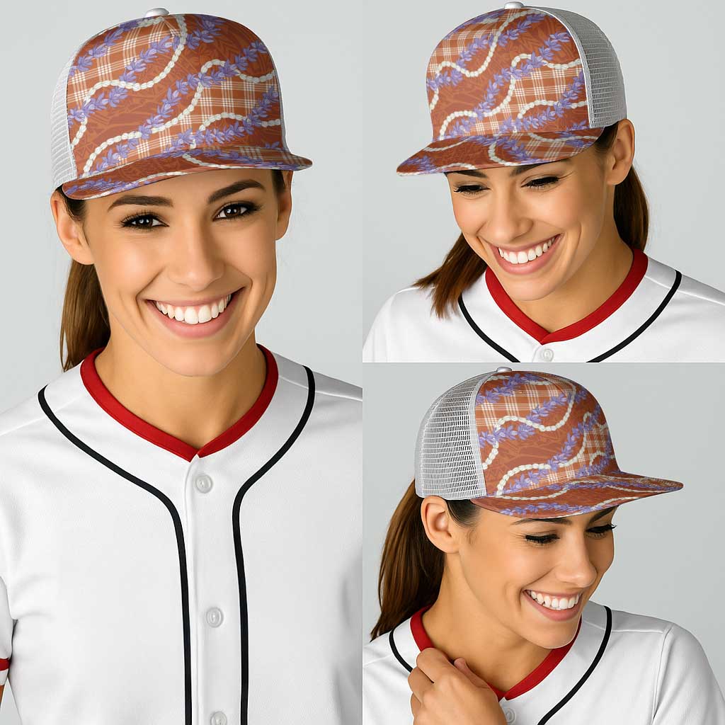 Orange Hawaii Palaka Honohono Pikake Baseball Net Cap Hawaiian Orchid Lei Polynesian Pattern - Polynesian Pride