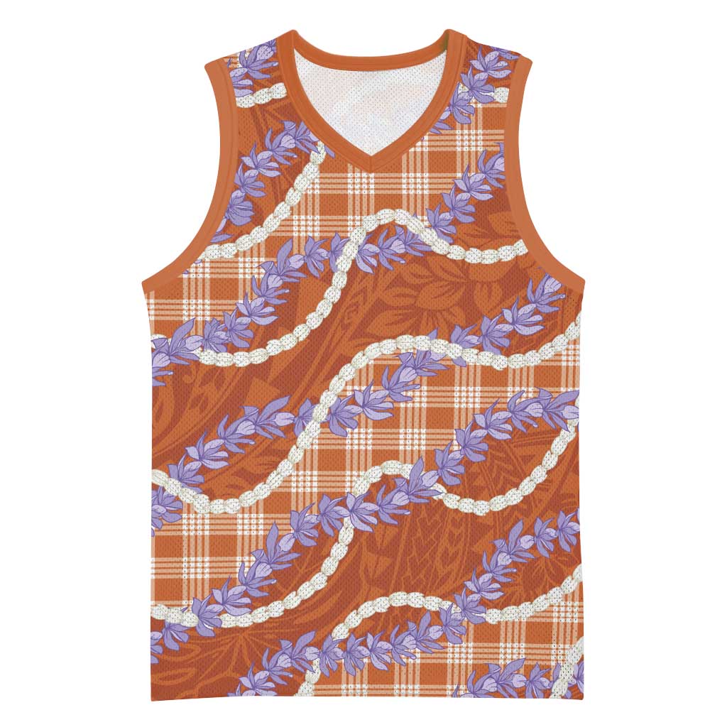 Orange Hawaii Palaka Honohono Pikake Basketball Jersey Hawaiian Orchid Lei Polynesian Pattern - Polynesian Pride