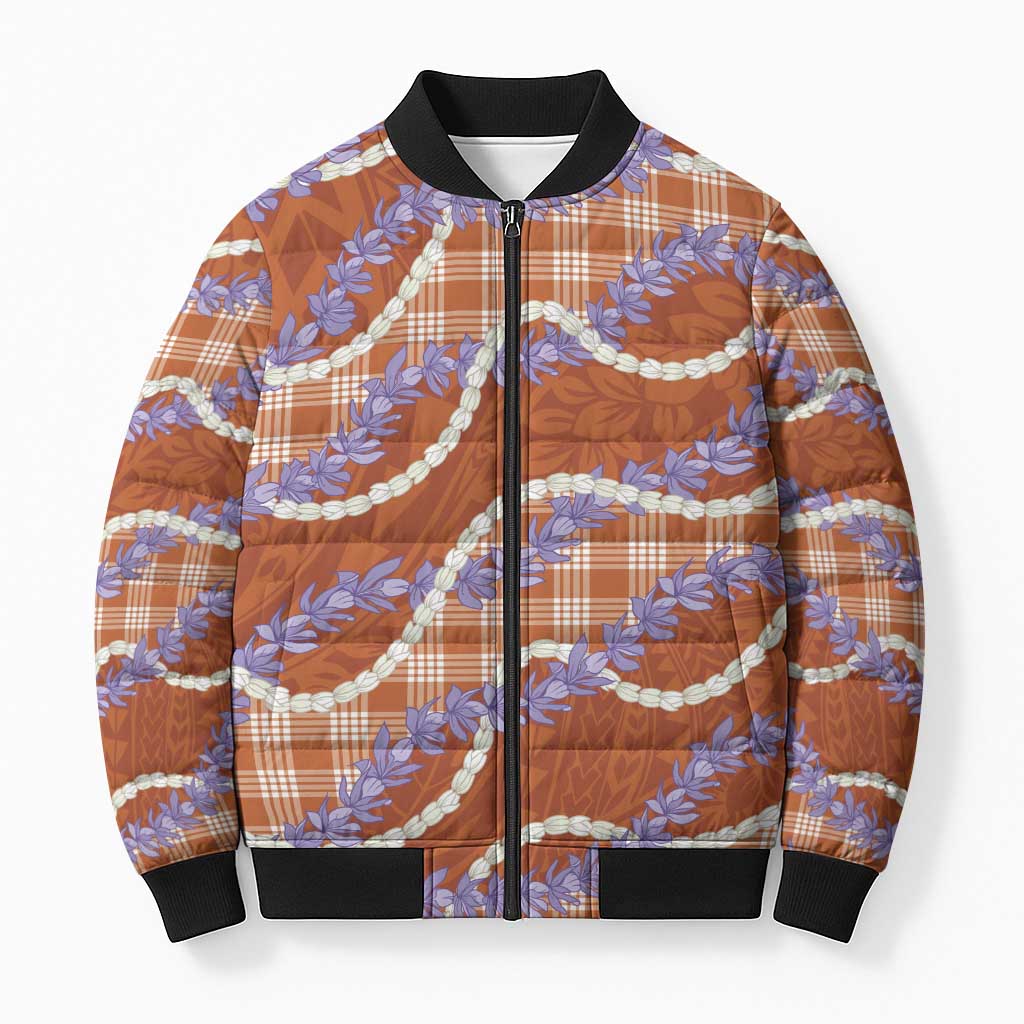 Orange Hawaii Palaka Honohono Pikake Bomber Puffer Jacket Hawaiian Orchid Lei Polynesian Pattern - Polynesian Pride