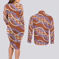 Orange Hawaii Palaka Honohono Pikake Couples Matching Long Sleeve Bodycon Dress and Long Sleeve Button Shirt Hawaiian Orchid Lei Polynesian Pattern - Polynesian Pride