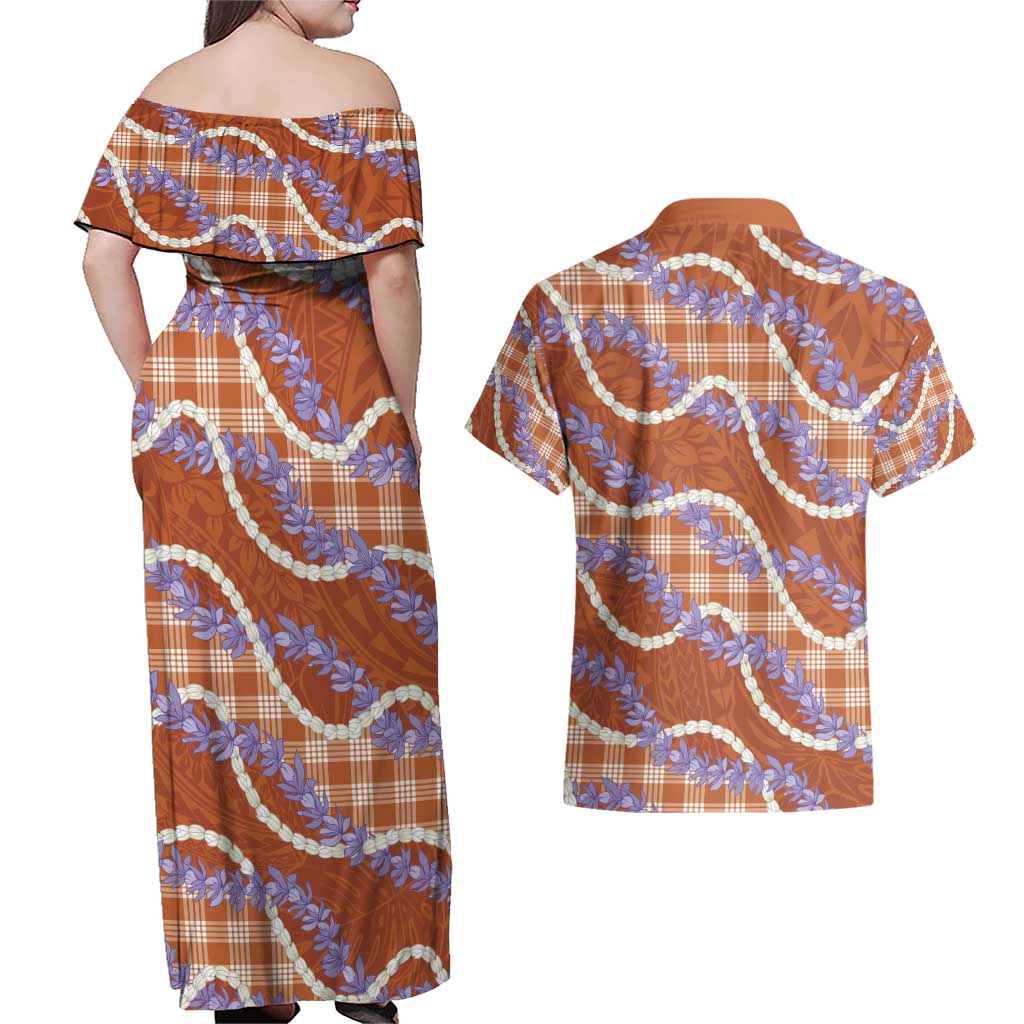 Orange Hawaii Palaka Honohono Pikake Couples Matching Off Shoulder Maxi Dress and Hawaiian Shirt Hawaiian Orchid Lei Polynesian Pattern - Polynesian Pride