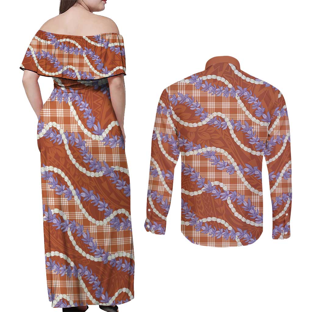 Orange Hawaii Palaka Honohono Pikake Couples Matching Off Shoulder Maxi Dress and Long Sleeve Button Shirt Hawaiian Orchid Lei Polynesian Pattern - Polynesian Pride
