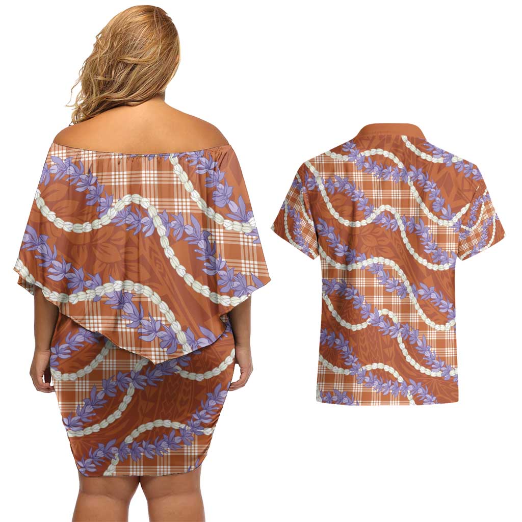 Orange Hawaii Palaka Honohono Pikake Couples Matching Off Shoulder Short Dress and Hawaiian Shirt Hawaiian Orchid Lei Polynesian Pattern - Polynesian Pride