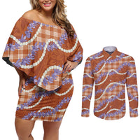 Orange Hawaii Palaka Honohono Pikake Couples Matching Off Shoulder Short Dress and Long Sleeve Button Shirt Hawaiian Orchid Lei Polynesian Pattern - Polynesian Pride