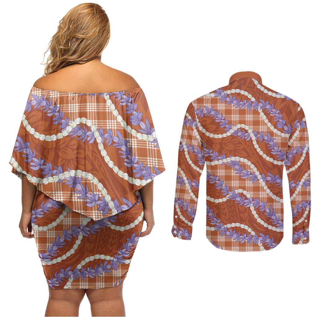 Orange Hawaii Palaka Honohono Pikake Couples Matching Off Shoulder Short Dress and Long Sleeve Button Shirt Hawaiian Orchid Lei Polynesian Pattern - Polynesian Pride