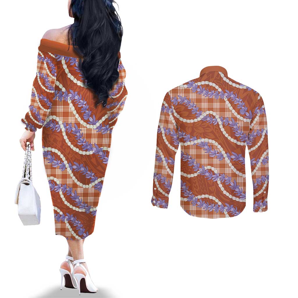 Orange Hawaii Palaka Honohono Pikake Couples Matching Off The Shoulder Long Sleeve Dress and Long Sleeve Button Shirt Hawaiian Orchid Lei Polynesian Pattern - Polynesian Pride