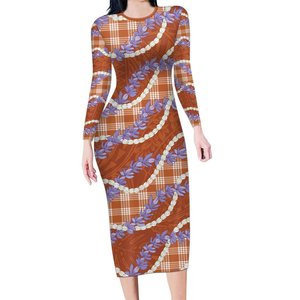 Orange Hawaii Palaka Honohono Pikake Family Matching Long Sleeve Bodycon Dress and Hawaiian Shirt Hawaiian Orchid Lei Polynesian Pattern - Polynesian Pride