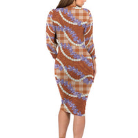 Orange Hawaii Palaka Honohono Pikake Family Matching Long Sleeve Bodycon Dress and Hawaiian Shirt Hawaiian Orchid Lei Polynesian Pattern - Polynesian Pride