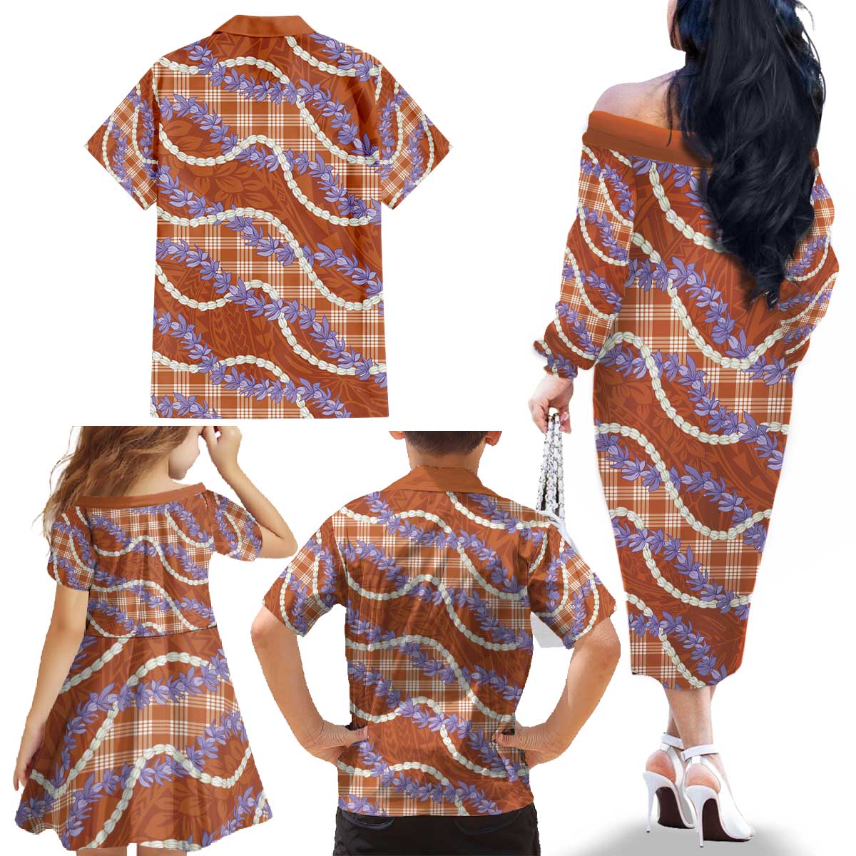 Orange Hawaii Palaka Honohono Pikake Family Matching Off The Shoulder Long Sleeve Dress and Hawaiian Shirt Hawaiian Orchid Lei Polynesian Pattern - Polynesian Pride
