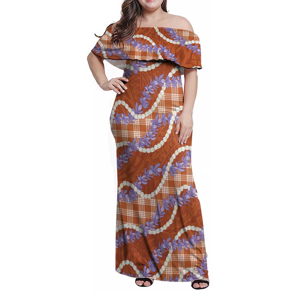 Orange Hawaii Palaka Honohono Pikake Family Matching Off Shoulder Maxi Dress and Hawaiian Shirt Hawaiian Orchid Lei Polynesian Pattern - Polynesian Pride