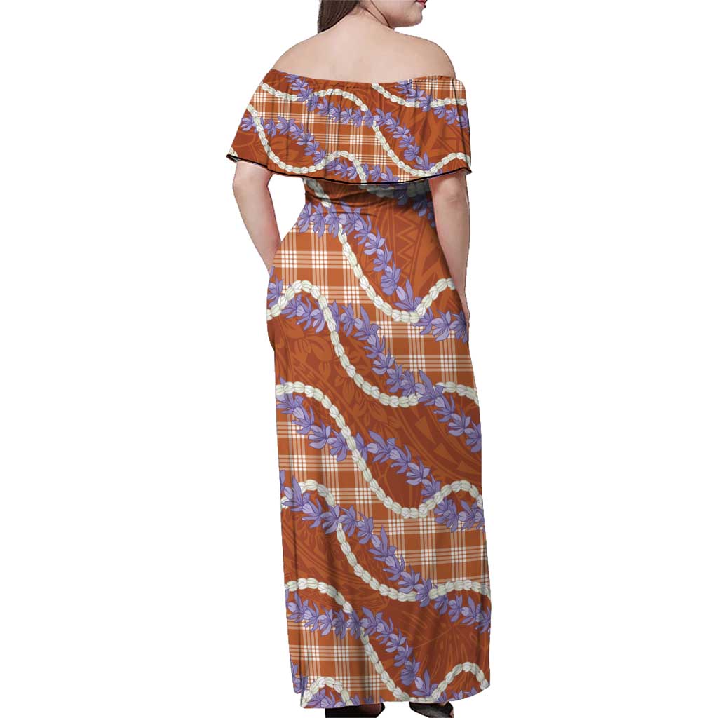 Orange Hawaii Palaka Honohono Pikake Family Matching Off Shoulder Maxi Dress and Hawaiian Shirt Hawaiian Orchid Lei Polynesian Pattern - Polynesian Pride