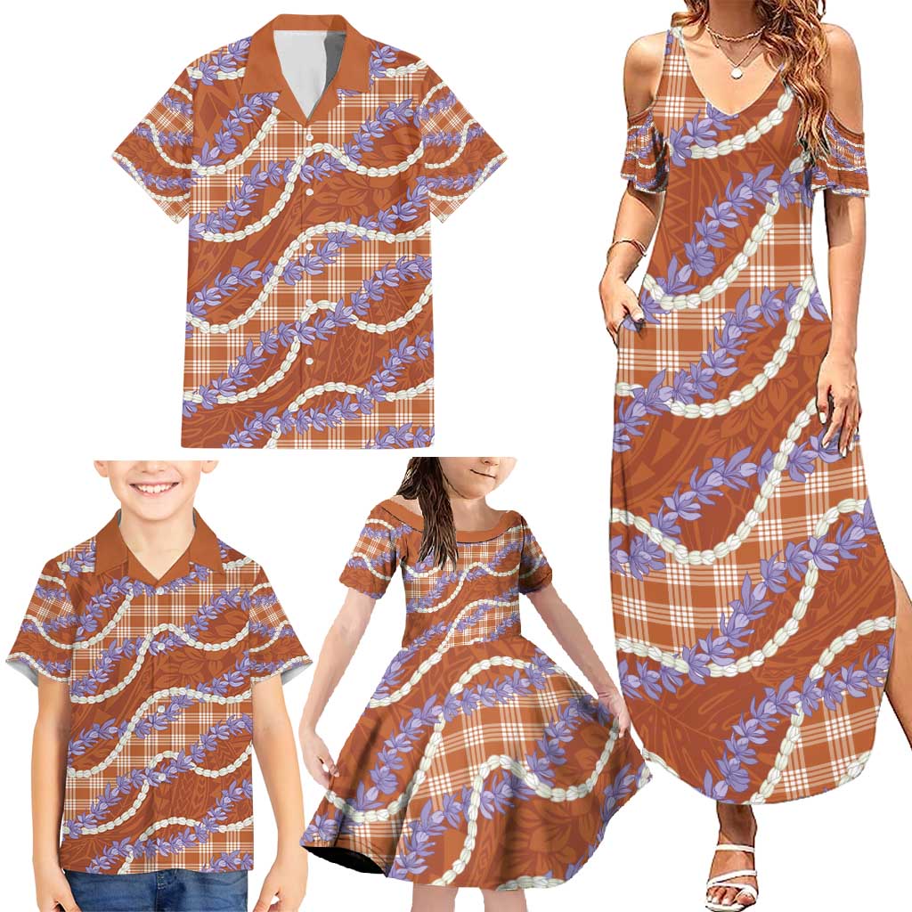 Orange Hawaii Palaka Honohono Pikake Family Matching Summer Maxi Dress and Hawaiian Shirt Hawaiian Orchid Lei Polynesian Pattern - Polynesian Pride