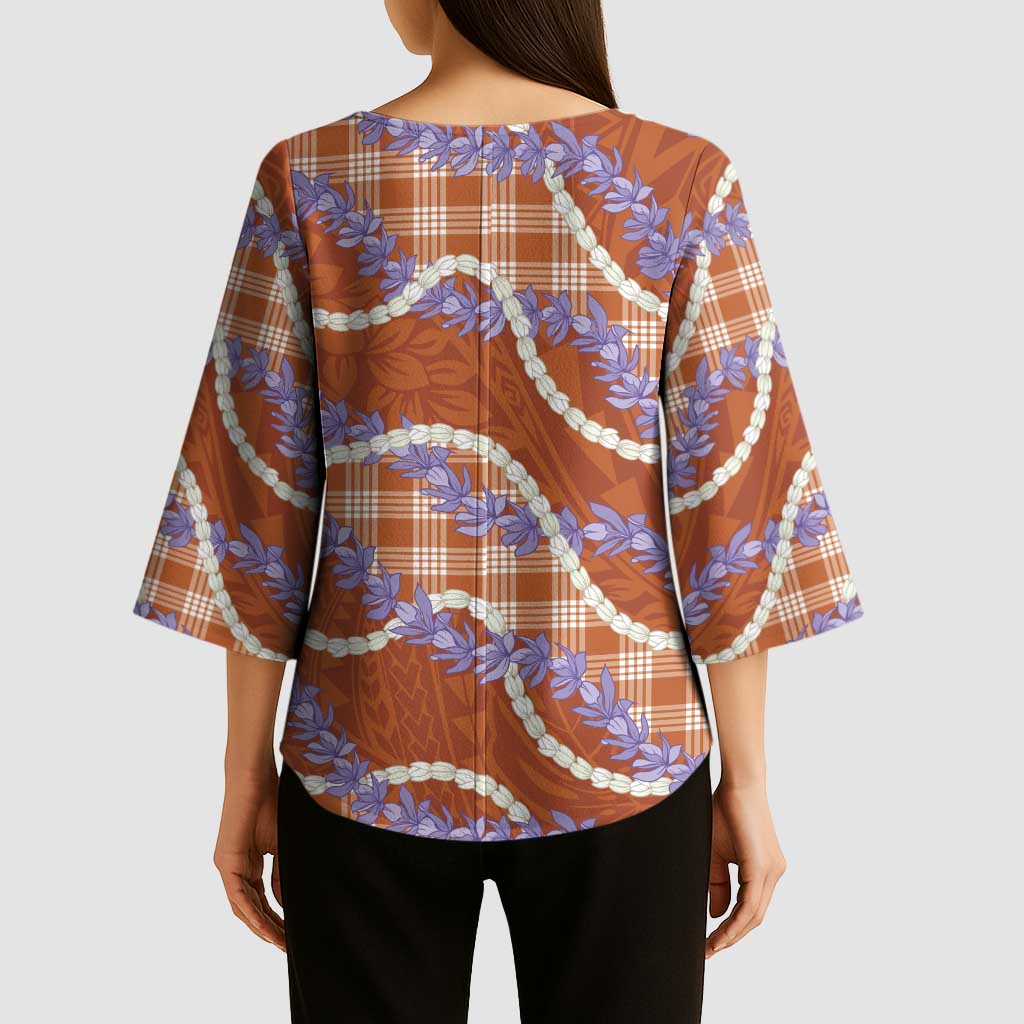 Orange Hawaii Palaka Honohono Pikake Kimono Sleeve Blouse Hawaiian Orchid Lei Polynesian Pattern - Polynesian Pride
