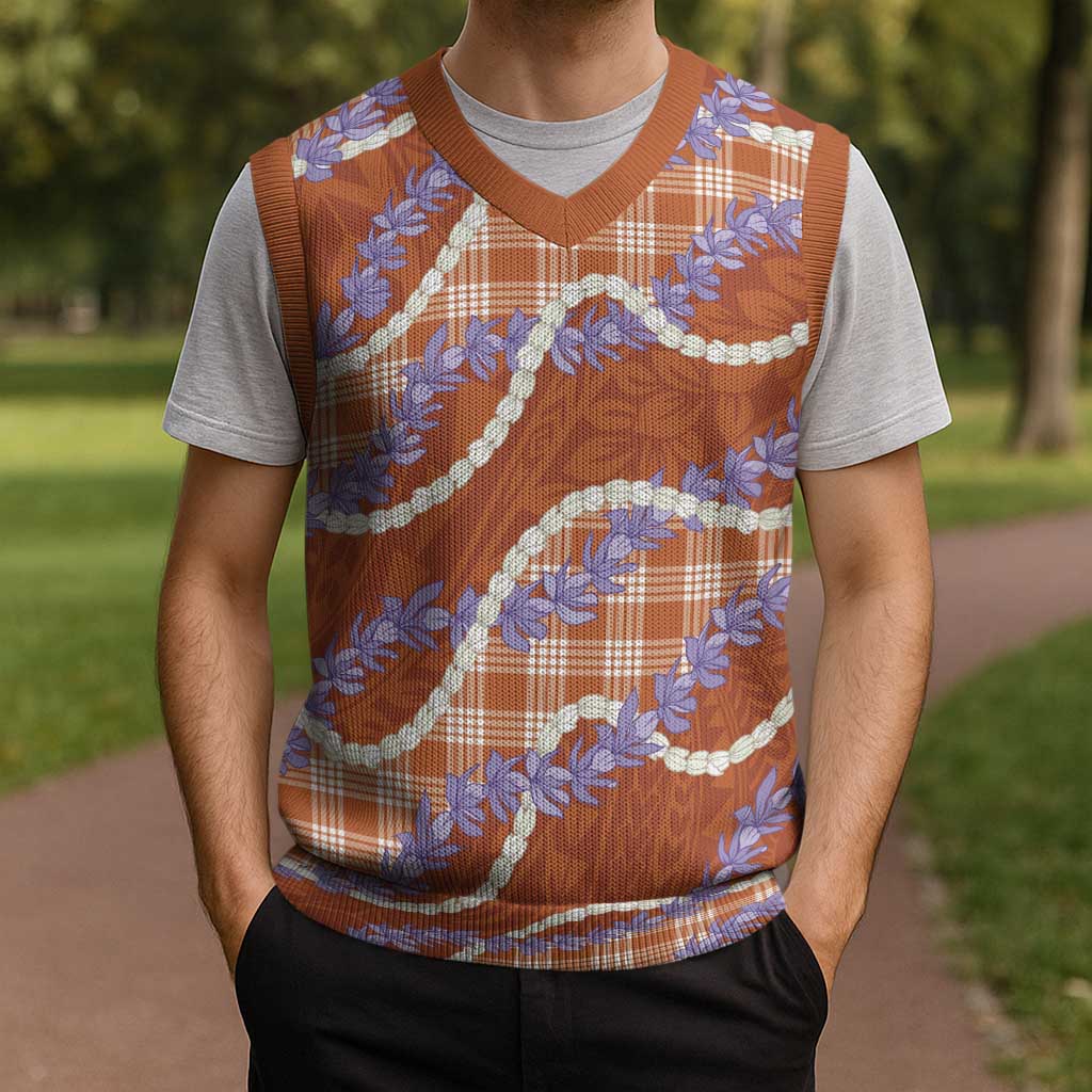 Orange Hawaii Palaka Honohono Pikake Christmas Knitted V-Neck Vest Hawaiian Orchid Lei Polynesian Pattern - Polynesian Pride