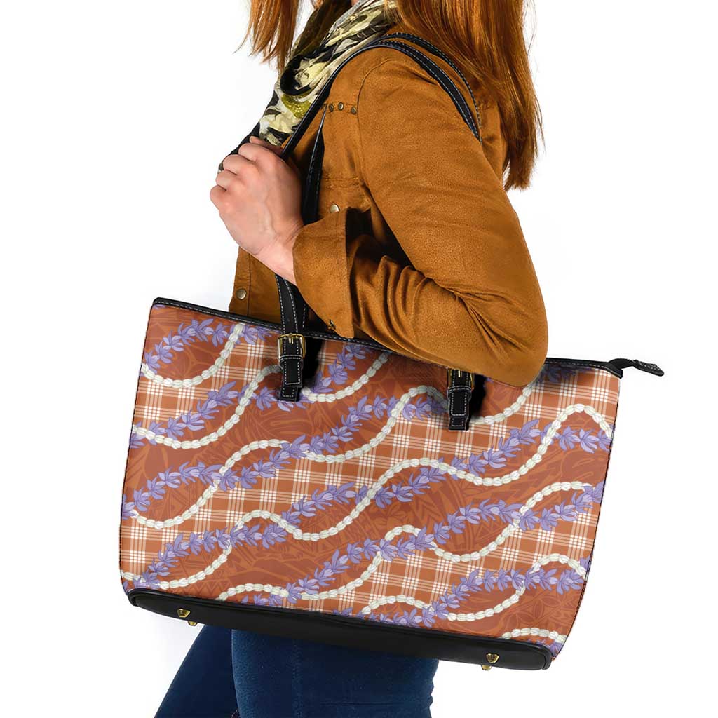 Orange Hawaii Palaka Honohono Pikake Leather Tote Bag Hawaiian Orchid Lei Polynesian Pattern - Polynesian Pride