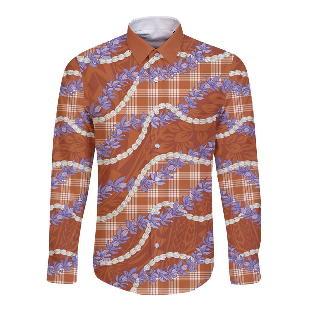 Orange Hawaii Palaka Honohono Pikake Long Sleeve Button Shirt Hawaiian Orchid Lei Polynesian Pattern - Polynesian Pride