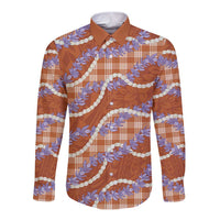 Orange Hawaii Palaka Honohono Pikake Long Sleeve Button Shirt Hawaiian Orchid Lei Polynesian Pattern - Polynesian Pride