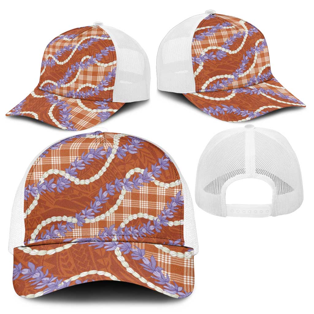 Orange Hawaii Palaka Honohono Pikake Mesh Trucker Cap Hawaiian Orchid Lei Polynesian Pattern - Polynesian Pride