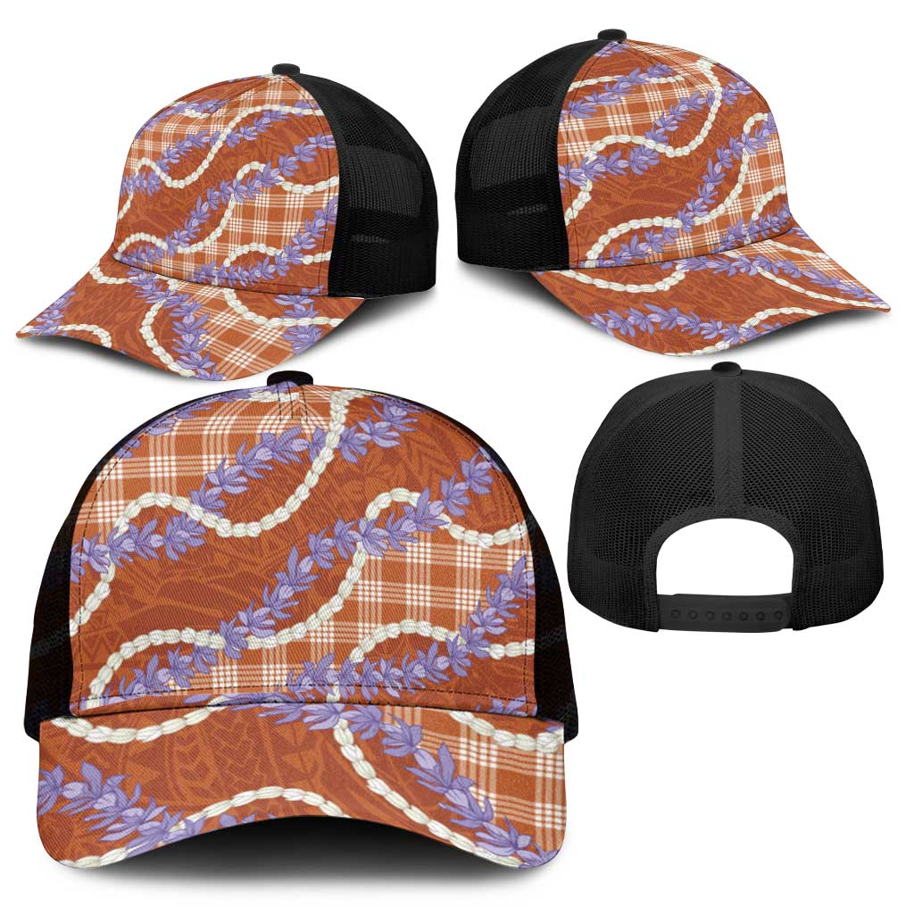 Orange Hawaii Palaka Honohono Pikake Mesh Trucker Cap Hawaiian Orchid Lei Polynesian Pattern - Polynesian Pride