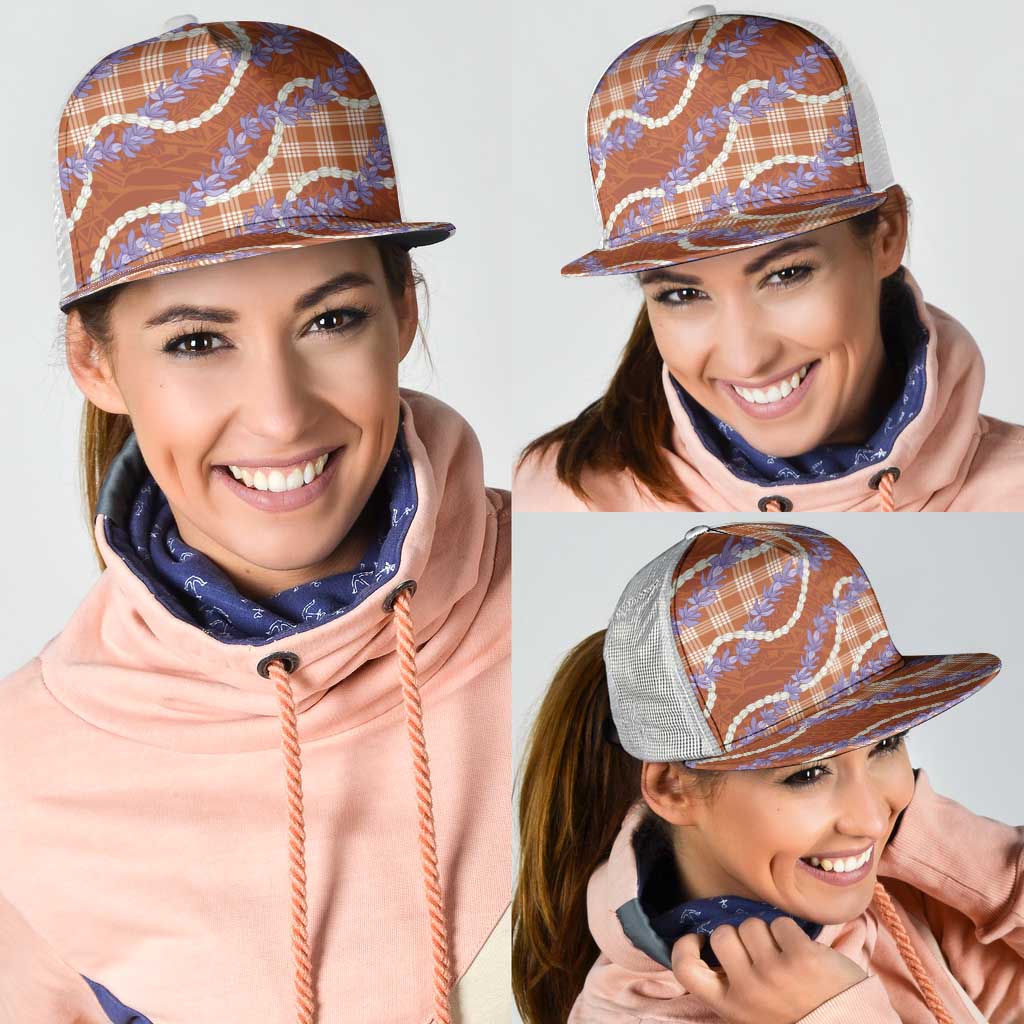 Orange Hawaii Palaka Honohono Pikake Mesh Trucker Cap Hawaiian Orchid Lei Polynesian Pattern - Polynesian Pride