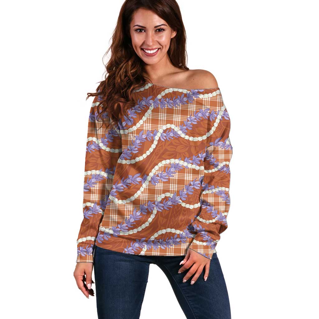 Orange Hawaii Palaka Honohono Pikake Off Shoulder Sweater Hawaiian Orchid Lei Polynesian Pattern - Polynesian Pride