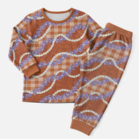 Orange Hawaii Palaka Honohono Pikake Christmas Pajama Set Hawaiian Orchid Lei Polynesian Pattern - Polynesian Pride