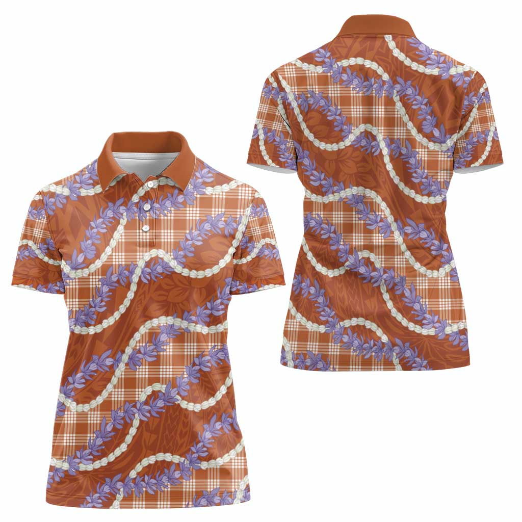 Orange Hawaii Palaka Honohono Pikake Women Polo Shirt Hawaiian Orchid Lei Polynesian Pattern - Polynesian Pride