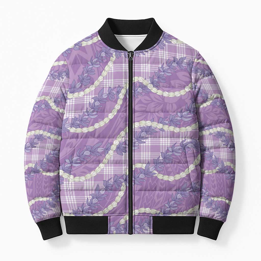 Purple Hawaii Palaka Honohono Pikake Bomber Puffer Jacket Hawaiian Orchid Lei Polynesian Pattern - Polynesian Pride